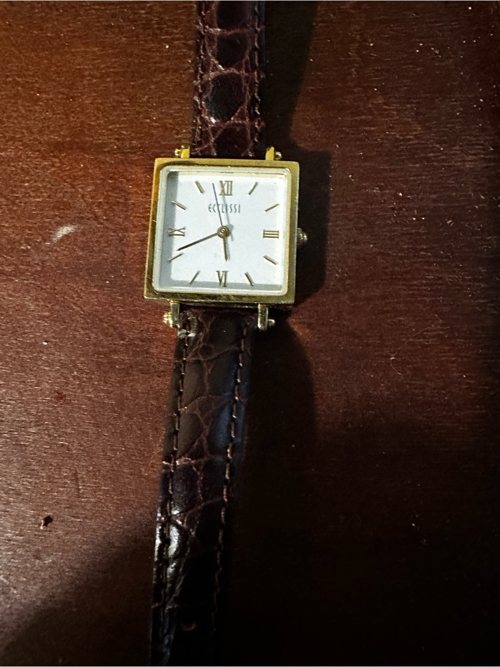 Vintage Ecclissi Gold-Tone Square Watch with White Dial and Brown Leather Strap